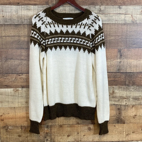 Vintage 70s Fair Isle‎ Sample Sweater Men’s Sz Medium Ivory Brown Icelandic Knit - Picture 1 of 10